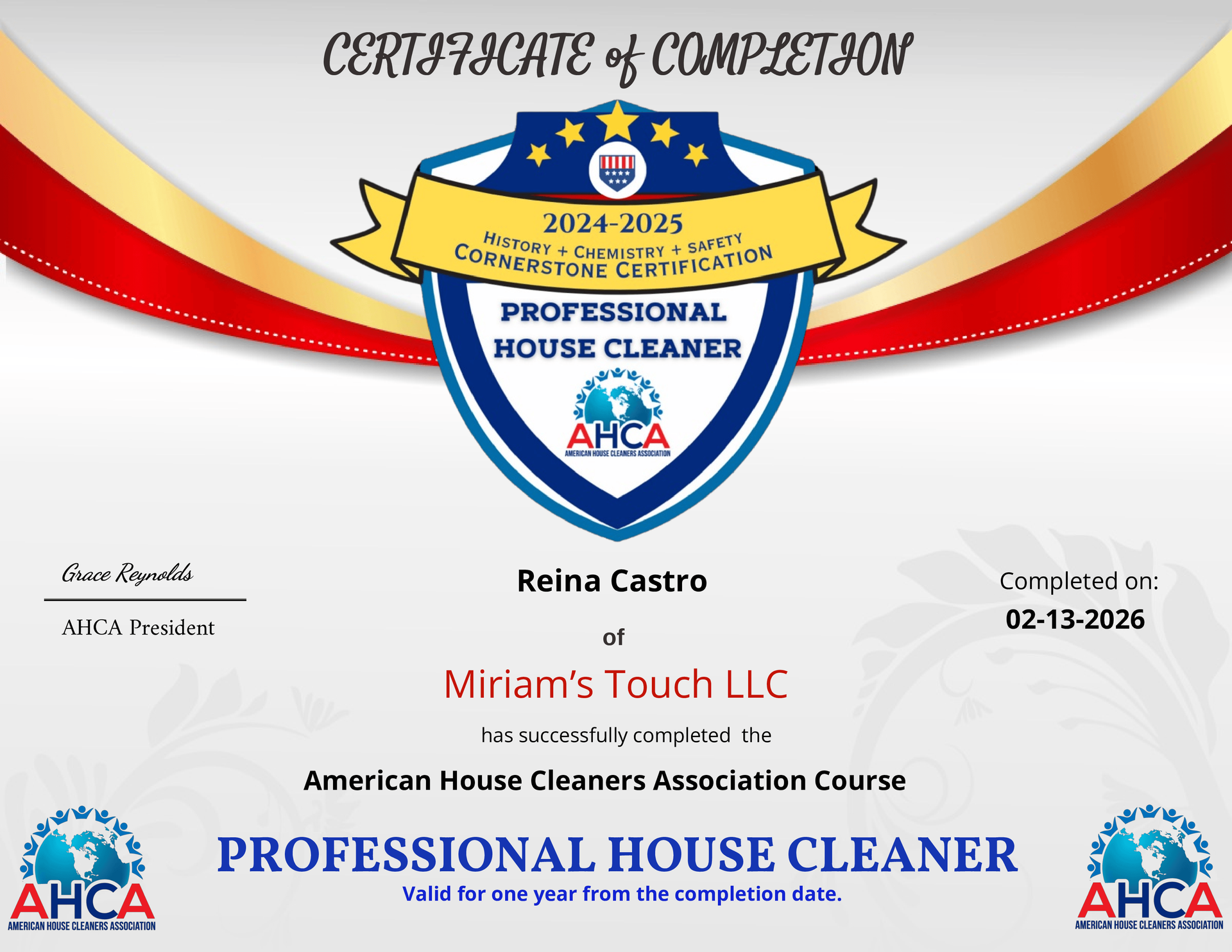 American House Cleaners Association Certificate